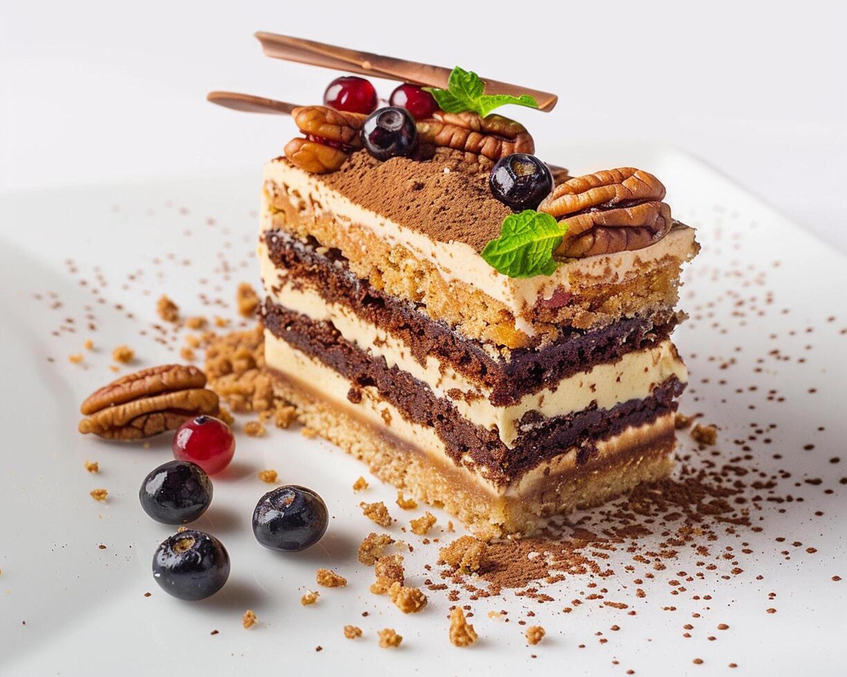 a piece of cake with nuts and berries on top photo