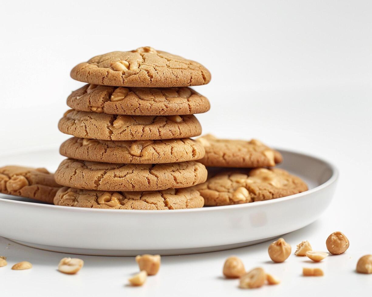 a stack of peanut butter cookies on a white plate photo