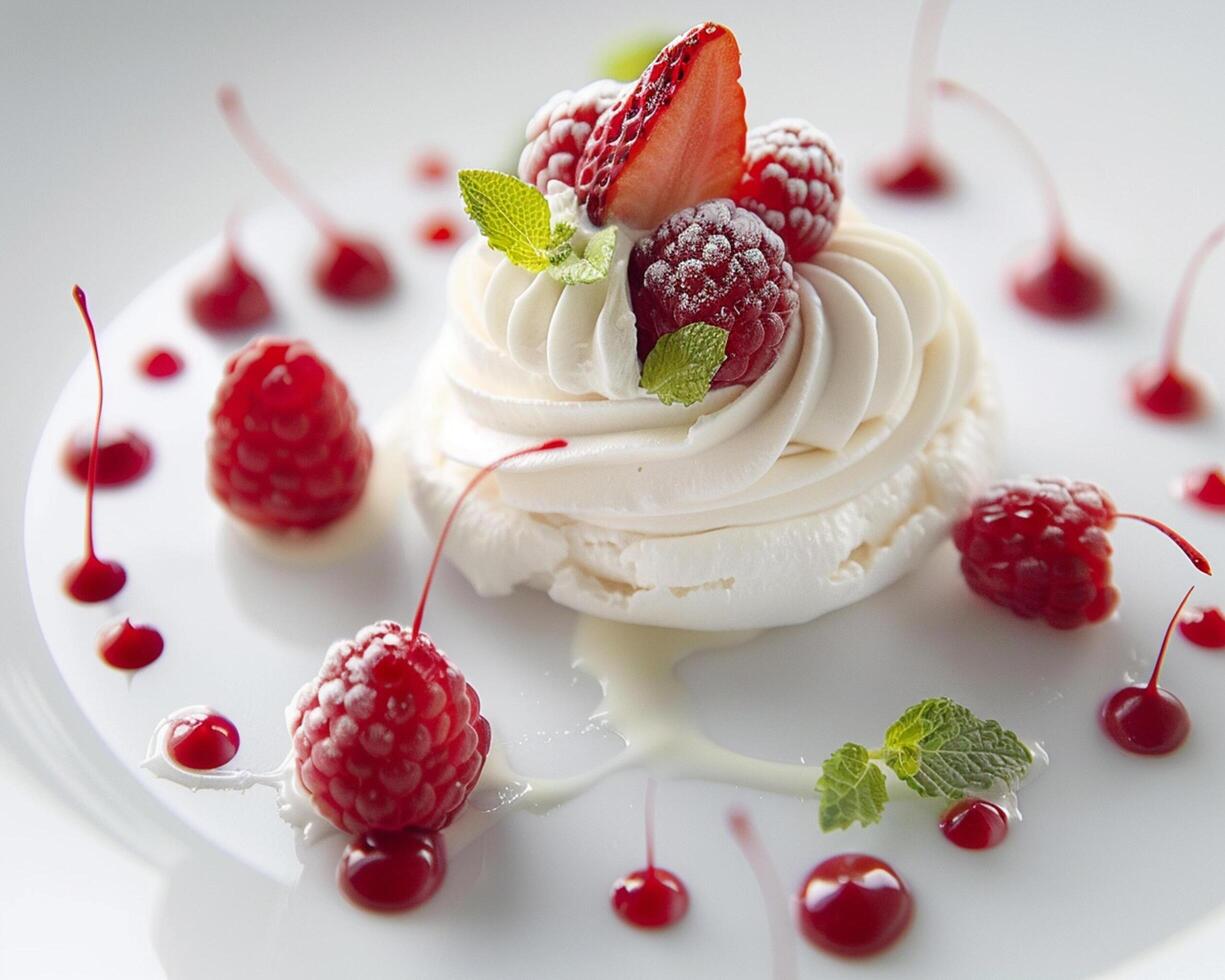 a dessert with whipped cream and raspberries photo