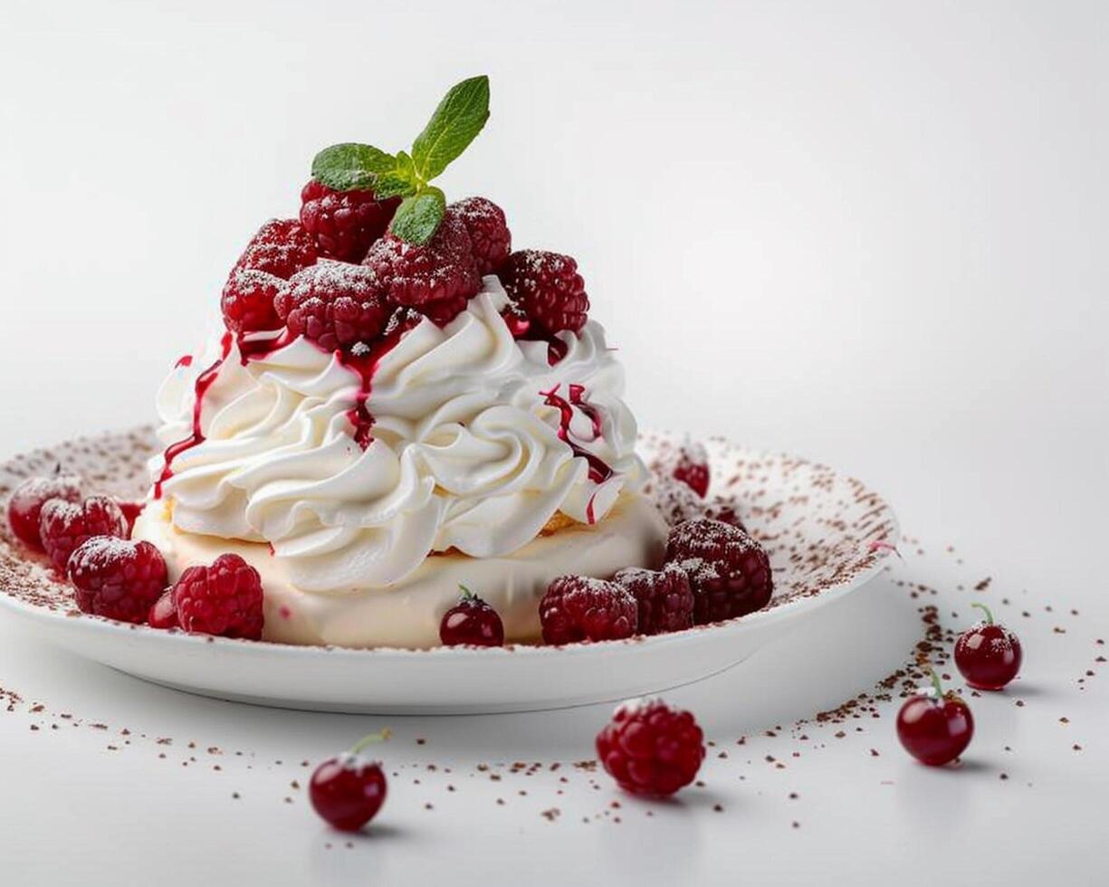 a dessert with whipped cream and raspberries photo