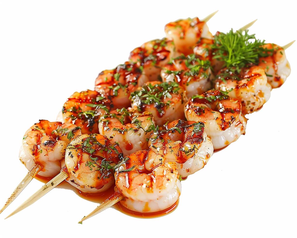 Shrimp skewers with sauce and herbs on a white background photo