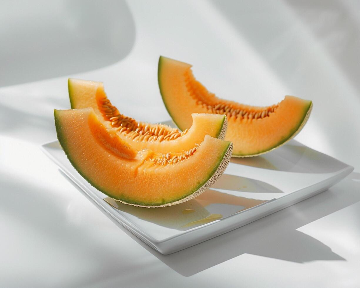 two slices of cantaloupe on a white plate photo