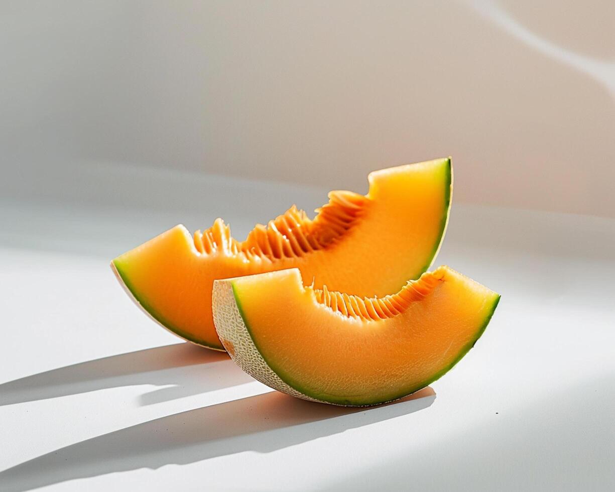 two slices of melon on a white surface photo