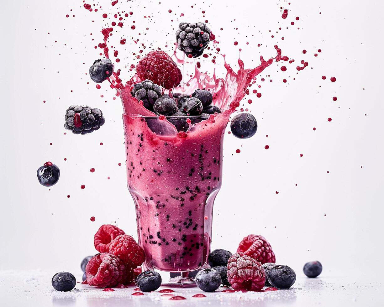 a glass of raspberry smoothie with berries splashing into it photo