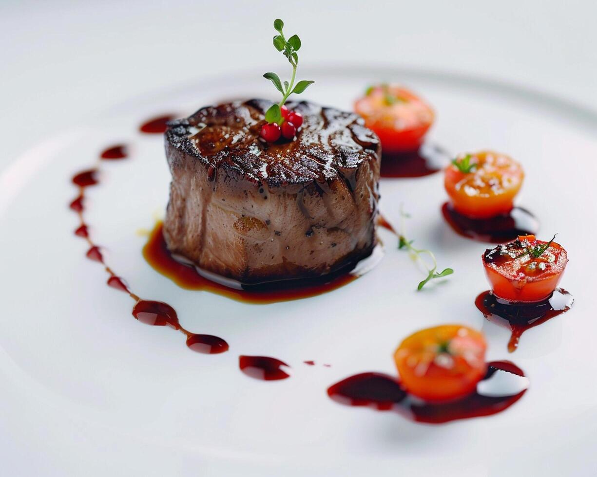 a steak is served on a white plate with sauce photo