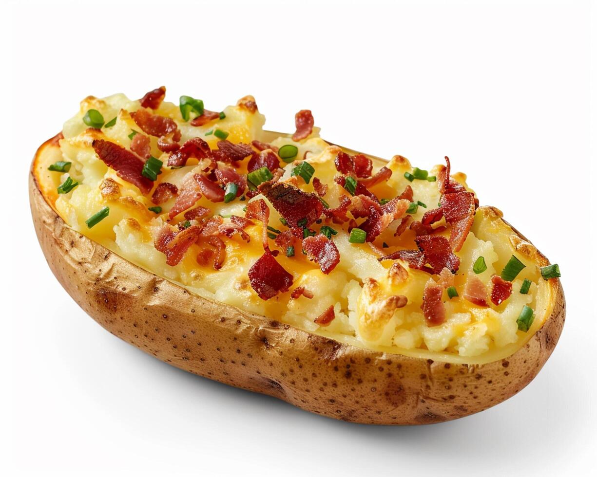 a baked potato with bacon and green onions photo