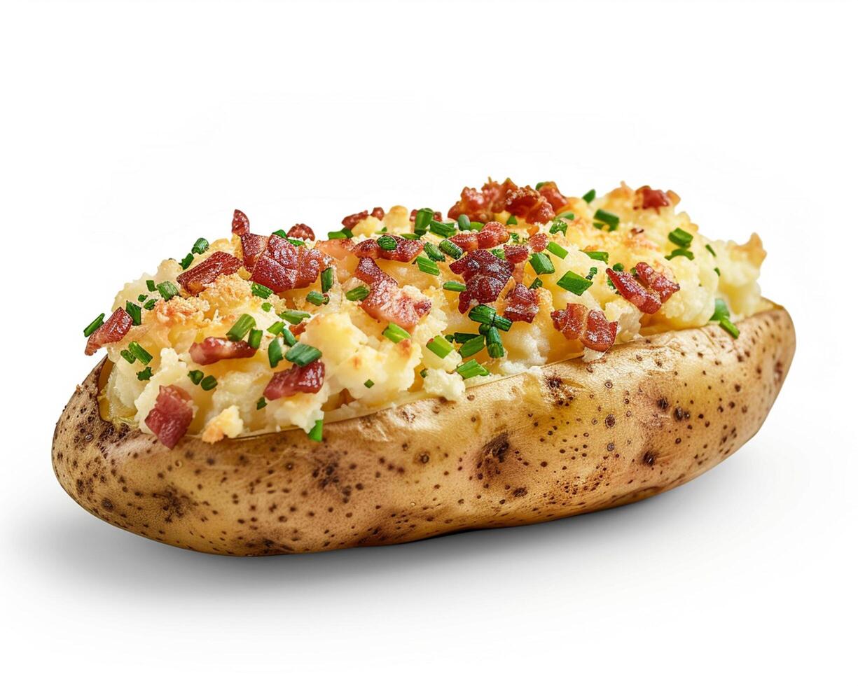 A baked potato with bacon and chives photo