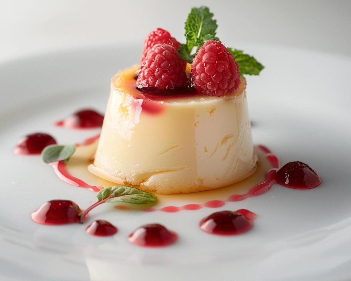 a dessert with raspberries and cream on a white plate photo