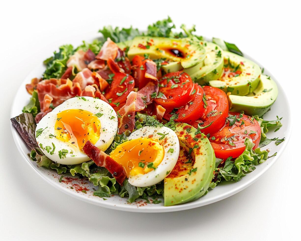 a plate of salad with eggs, bacon, tomatoes and avocado photo