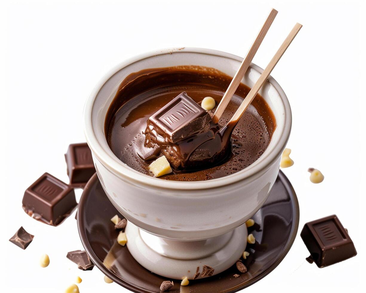 a chocolate hot chocolate with a spoon and some pieces of chocolate photo