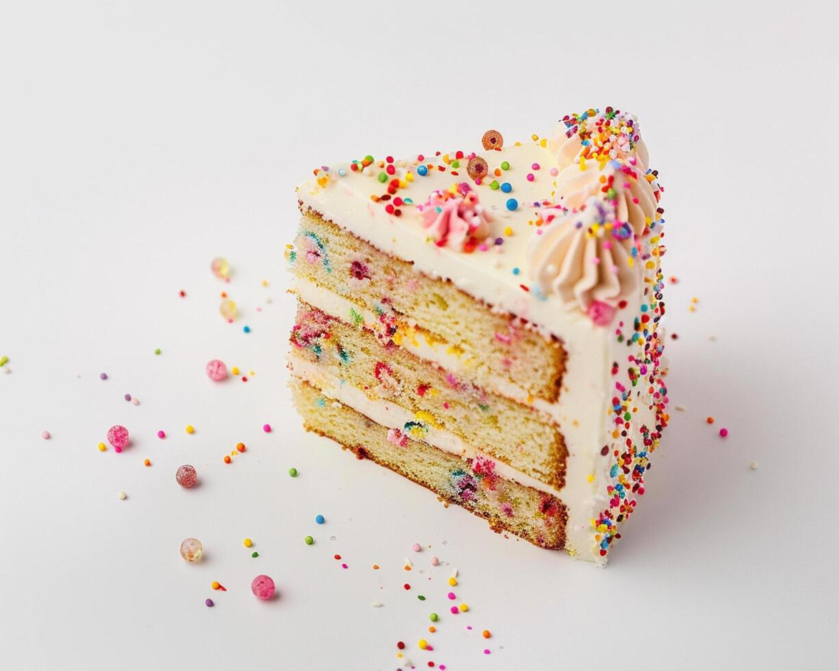 a slice of cake with sprinkles on a white background photo