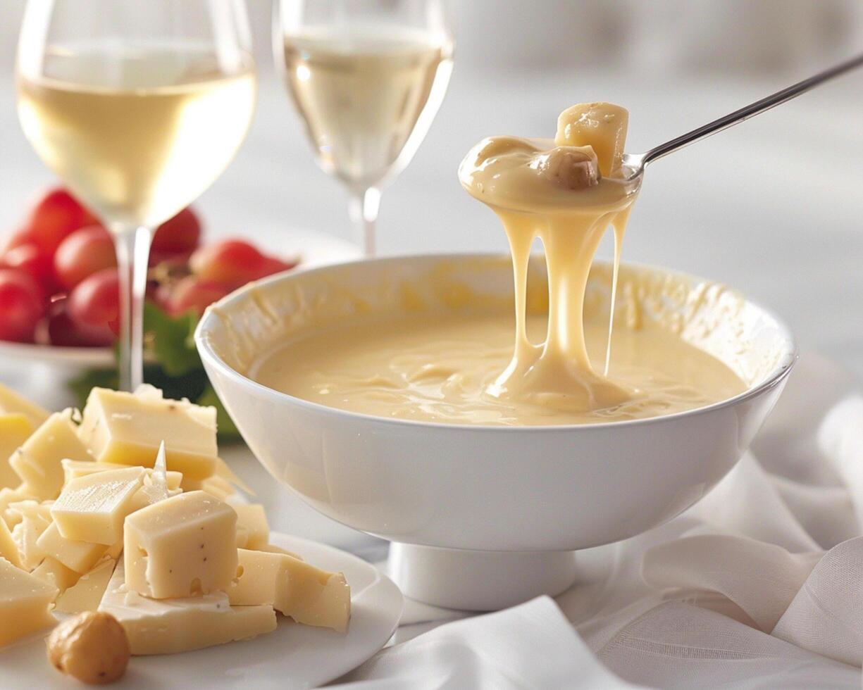 cheese fondue with wine and fruit photo