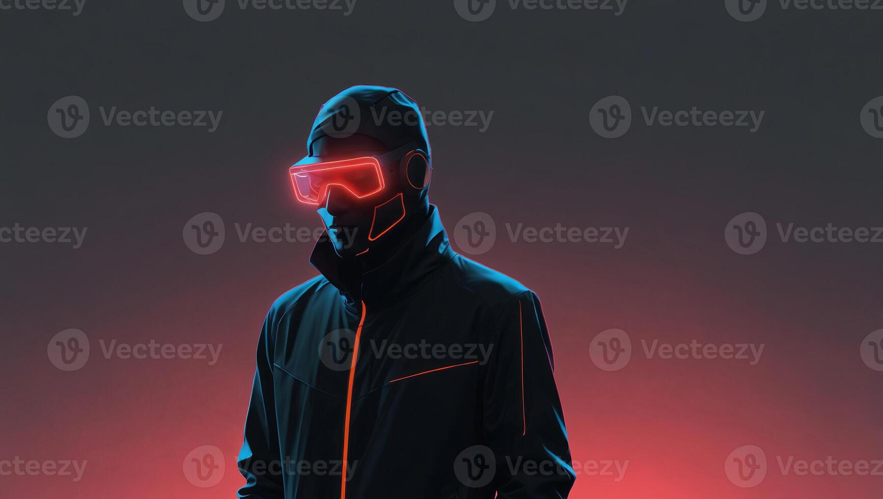 Silhouette of a faceless futurist with neon light elements, minimal light gray background, blank space for text. photo