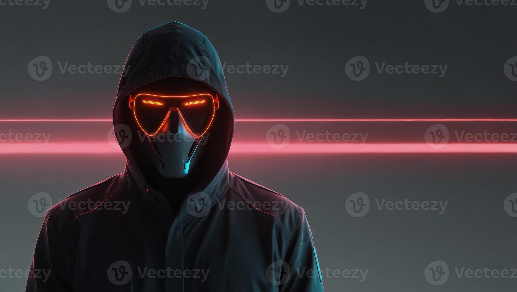 Silhouette of a faceless futurist with neon light elements, minimal light gray background, blank space for text. photo