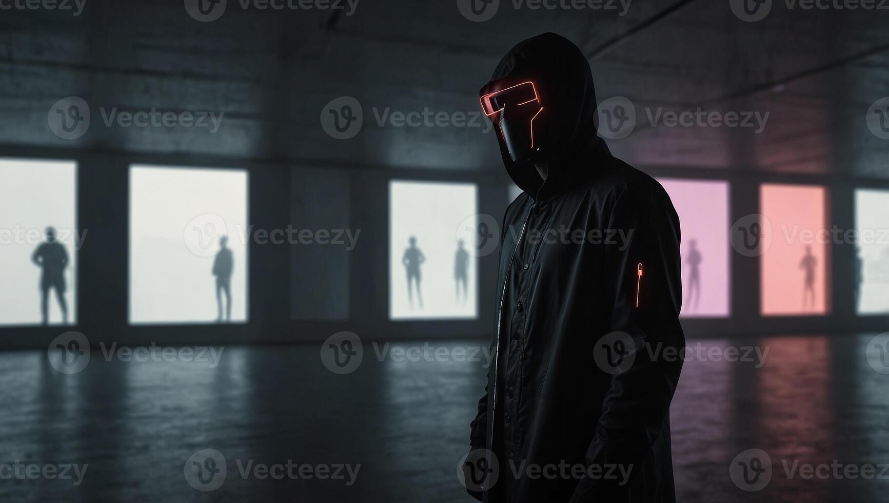 Silhouette of a faceless futurist with neon light elements, minimal light gray background, blank space for text. photo