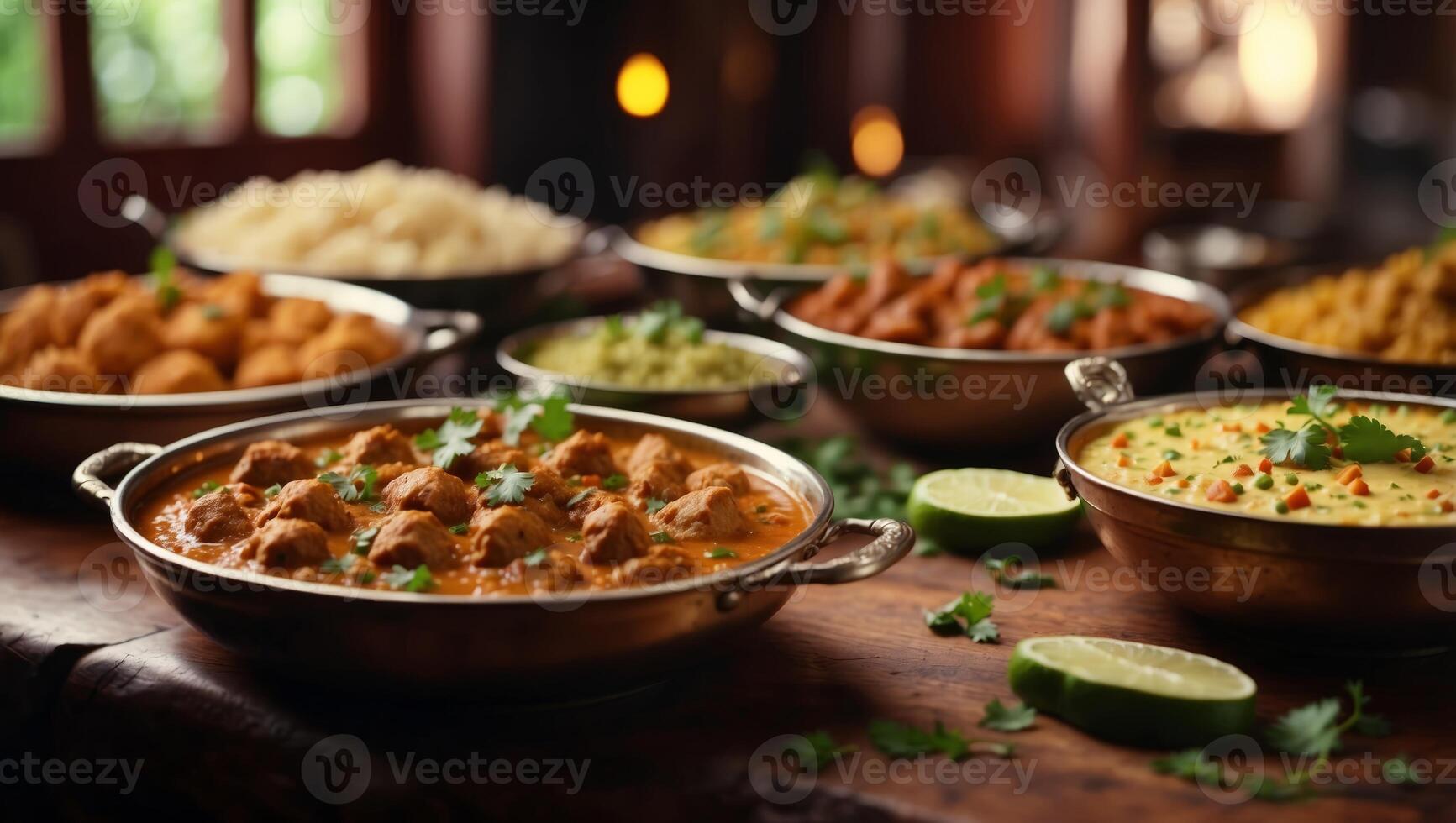 Indian food buffet with different dishes on wooden table photo