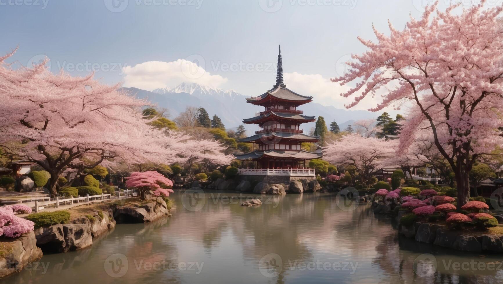 A pagoda surrounded by cherry blossoms and mountains photo