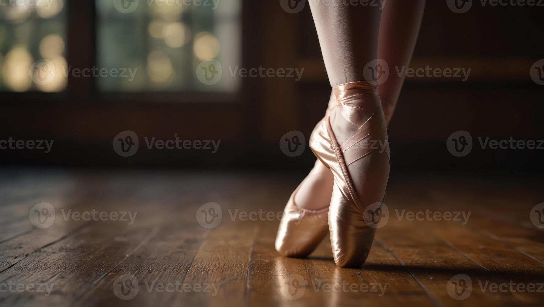 A woman's legs in pointe shoes on a wooden floor photo
