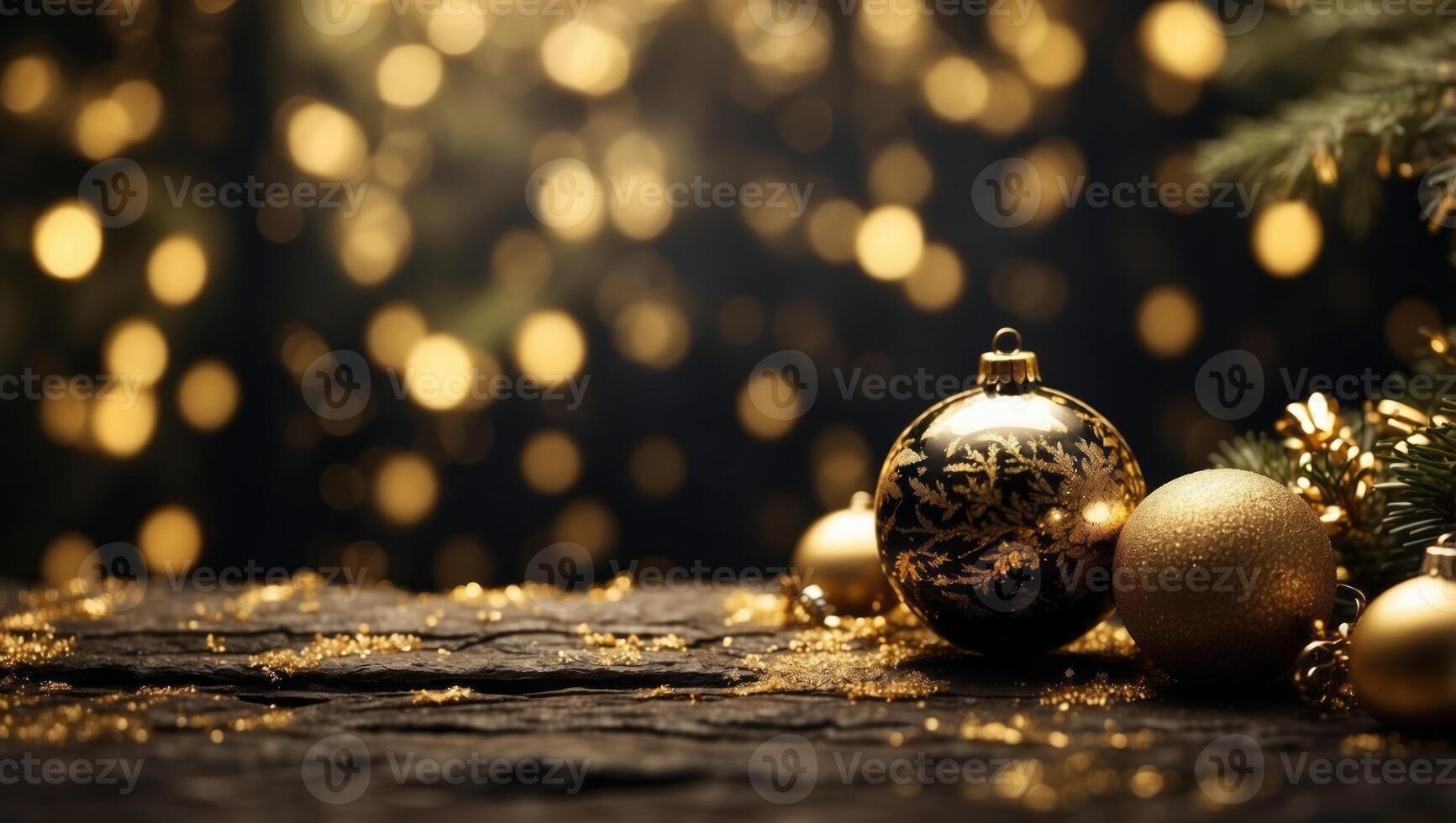 Beautiful christmas holiday background with a forest in black and gold Abstract winter wallpaper. photo