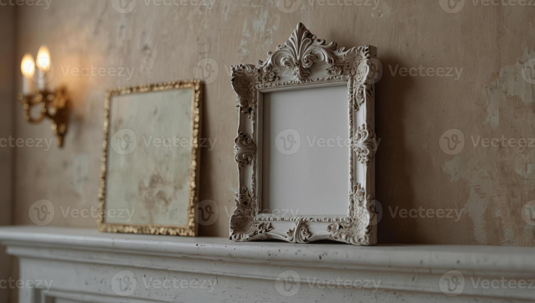 Beautiful white ornament Rococo decorative photo frame mock up on a decorative stucco molding Frame molding, copy space, mockup.