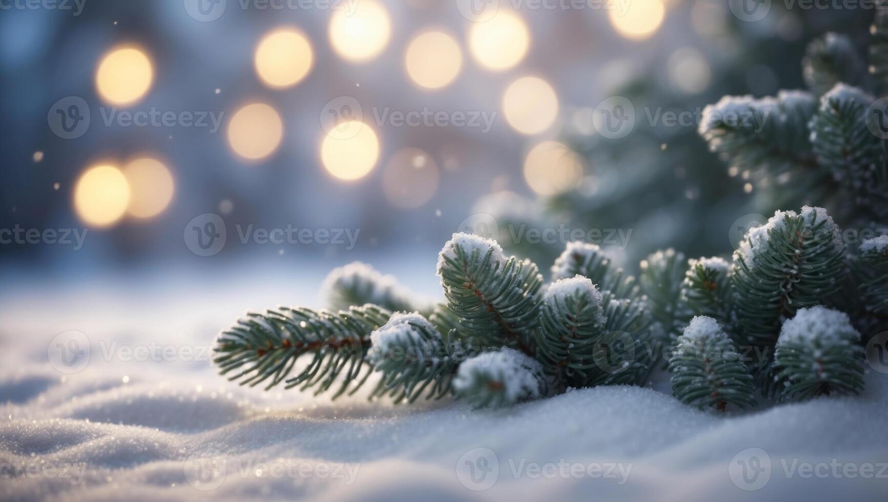 Beautiful winter background image of frosted spruce branches and small drifts of pure snow with bokeh Christmas lights and space for text. photo