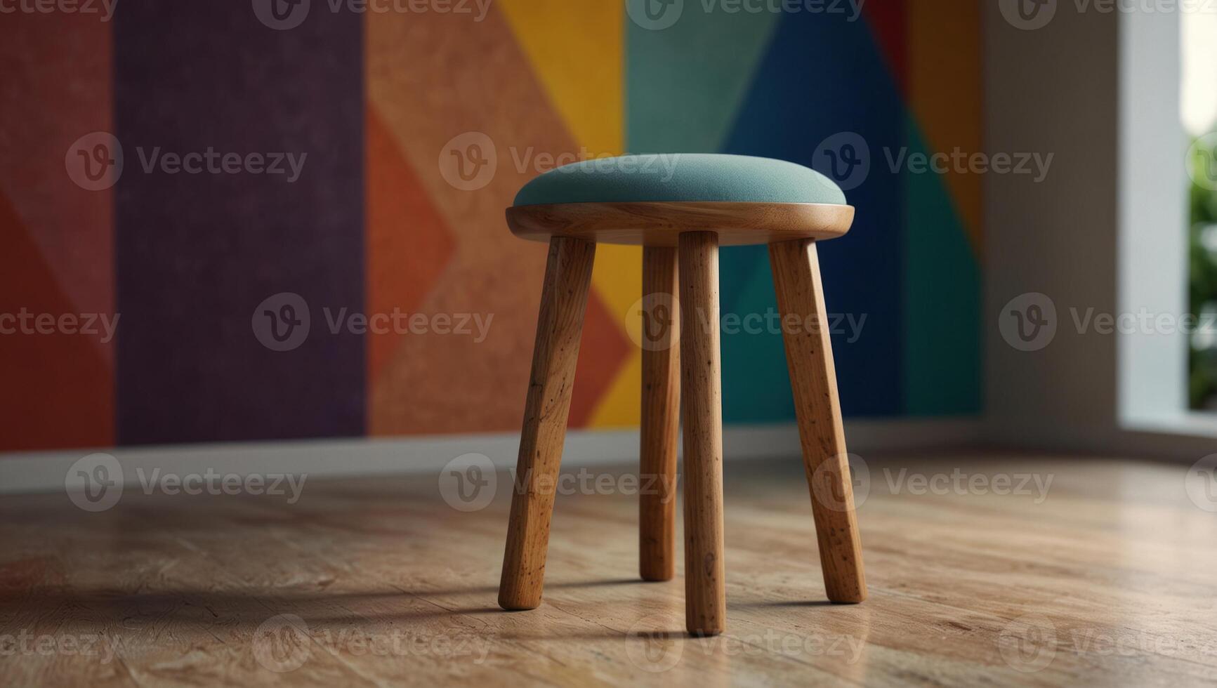 Blank modern stool on graceful colorful geometry room background with copy space, mid century or contemporary interior living room design. photo