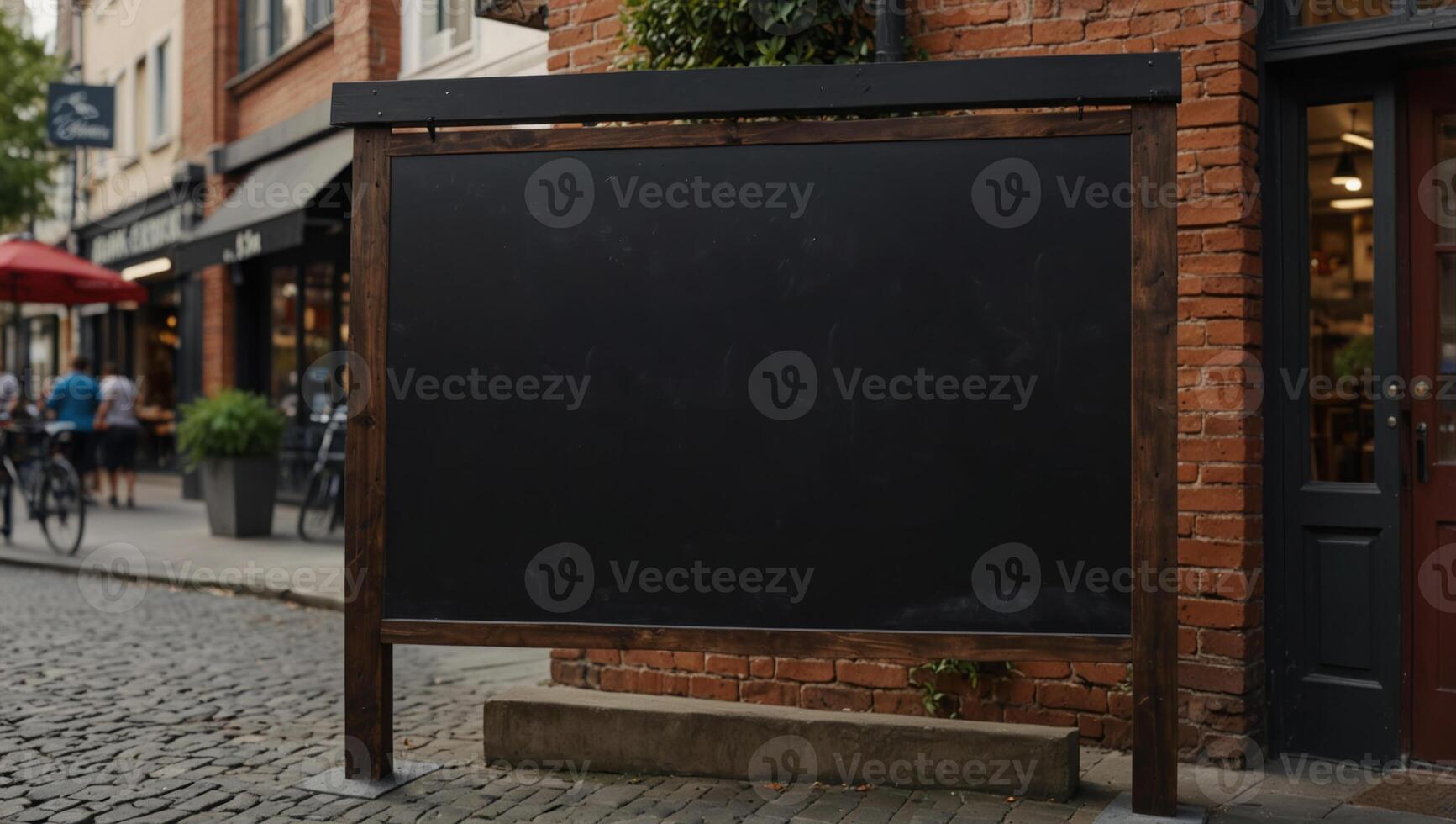 Blank blackboard shop sign mock up in front of a restaurant, cafe and shop menu on the street. photo