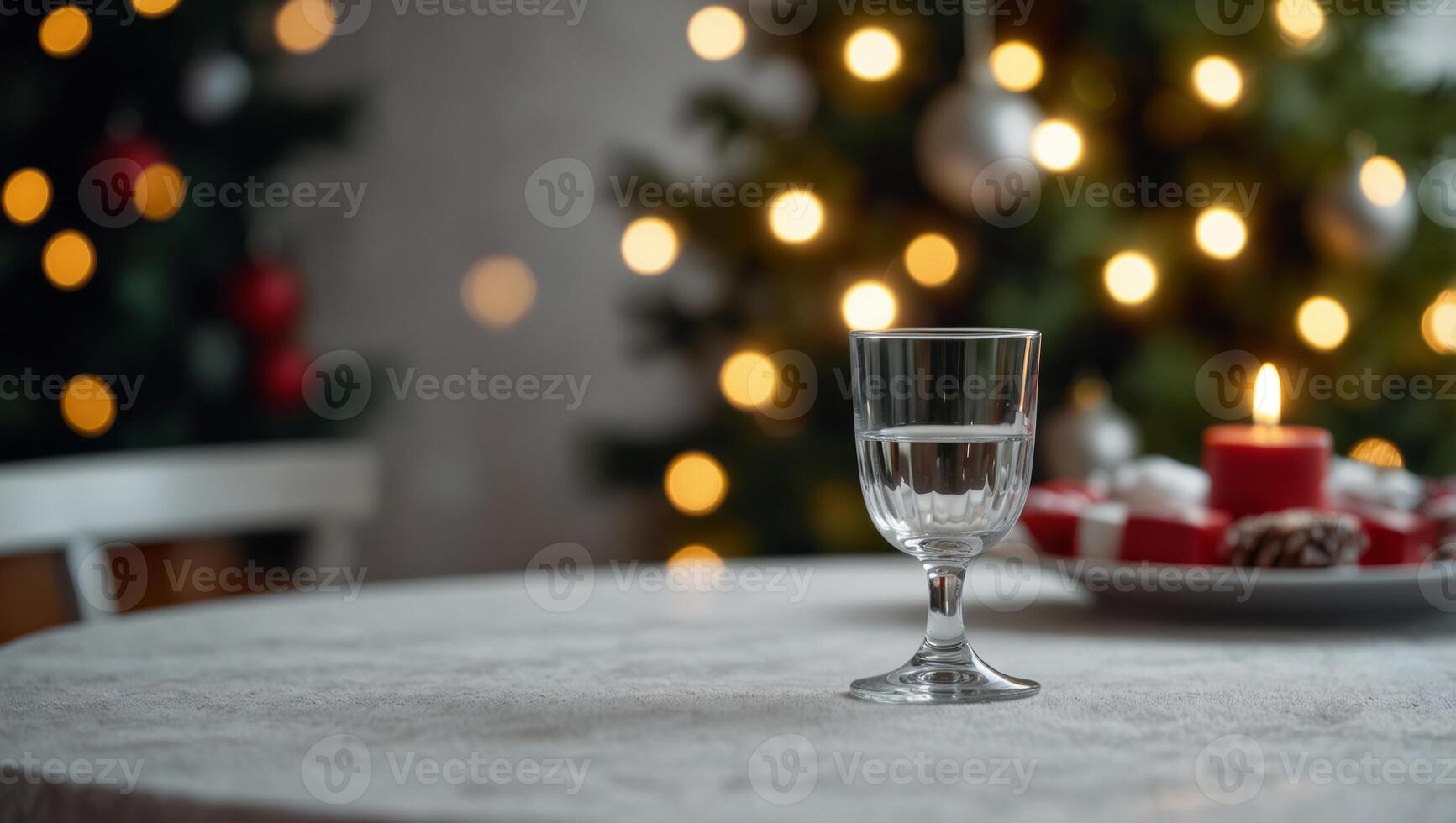 Blank white dinning table on blurred Christmas Tree backgrounds with copy space, concept of Christmas eve dinner, home decoration, happy new year banner design. photo