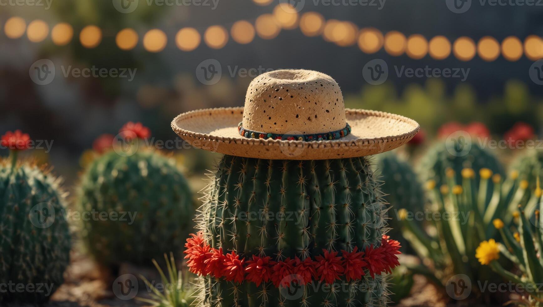 Cactus in sombrero hat over party ribbons background outdoor with copy space. photo