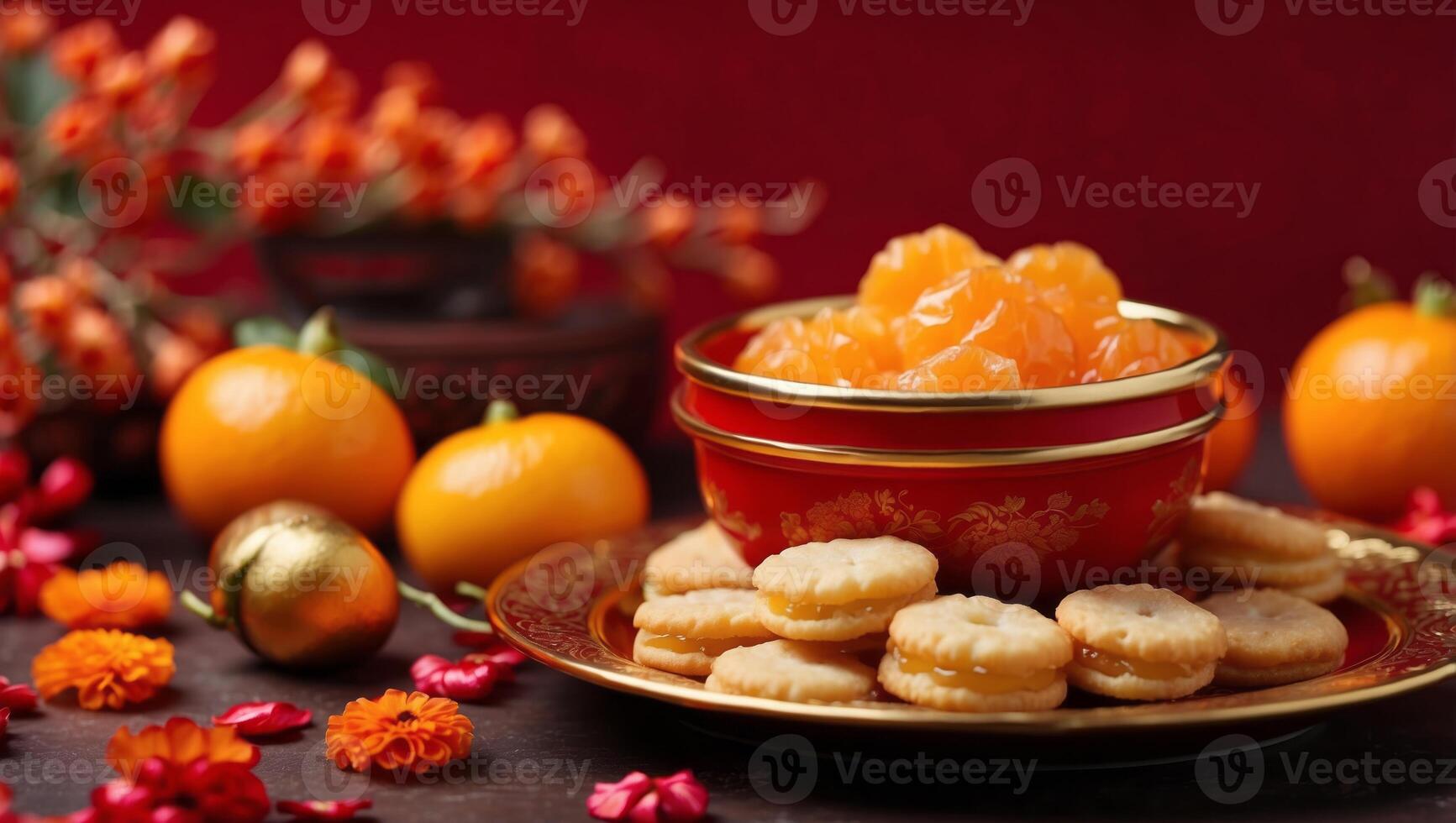 Chinese lunar new year with mandarin orange candy jam , fried potato , flower and ang pao biscuit in golden dish red background , photography Tet holiday content , top view. photo