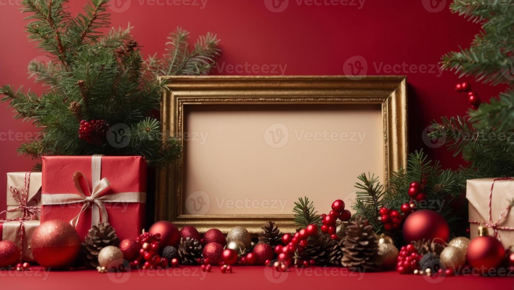 Christmas frame with gift box, paper decorations, spruce branches and berries on red background Holiday border in earth colours. photo