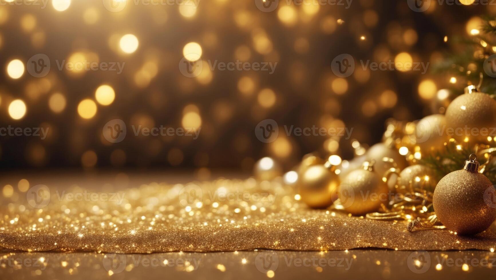 Christmas golden glowing background Holiday abstract glitter defocused backdrop with blinking tars and garlands Blurred gold bokeh. photo