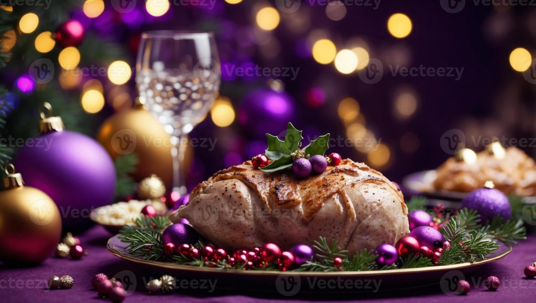 Christmas dinner plate decoration with xmas ornaments on purple background Merry christmas snd winter holiday theme Happy New Year Noel. photo