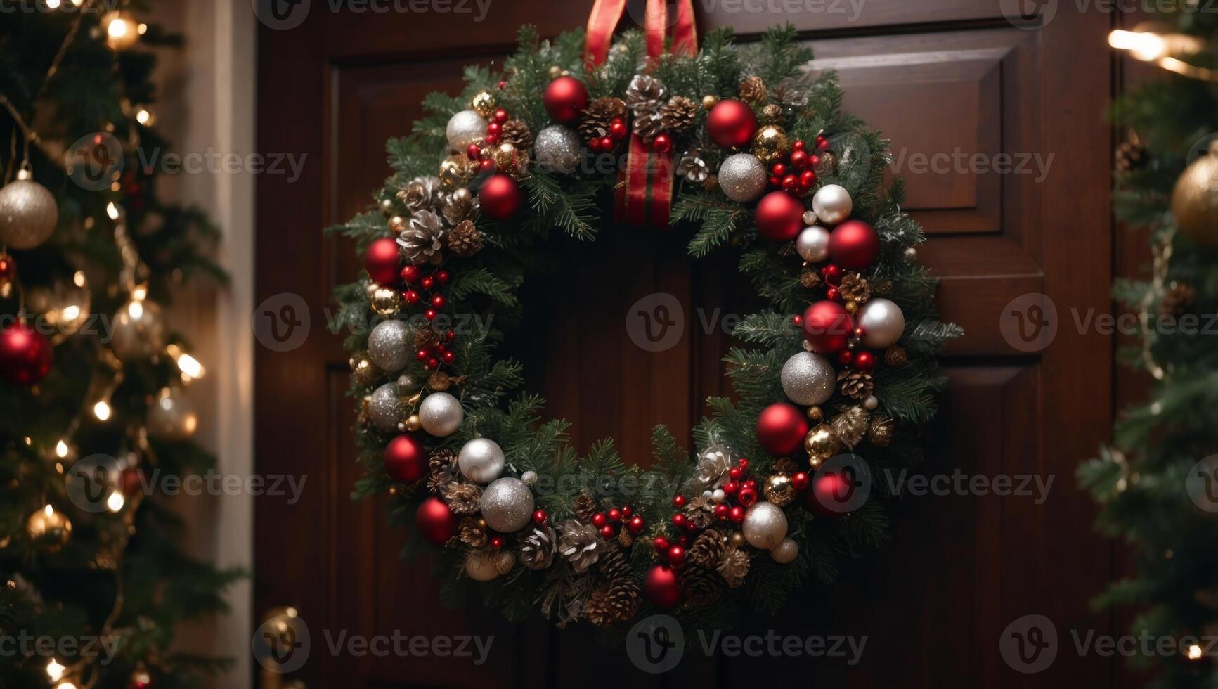 Christmas holiday wreath hanging on a door, adorned with shimmering ornaments and twinkling lights. photo