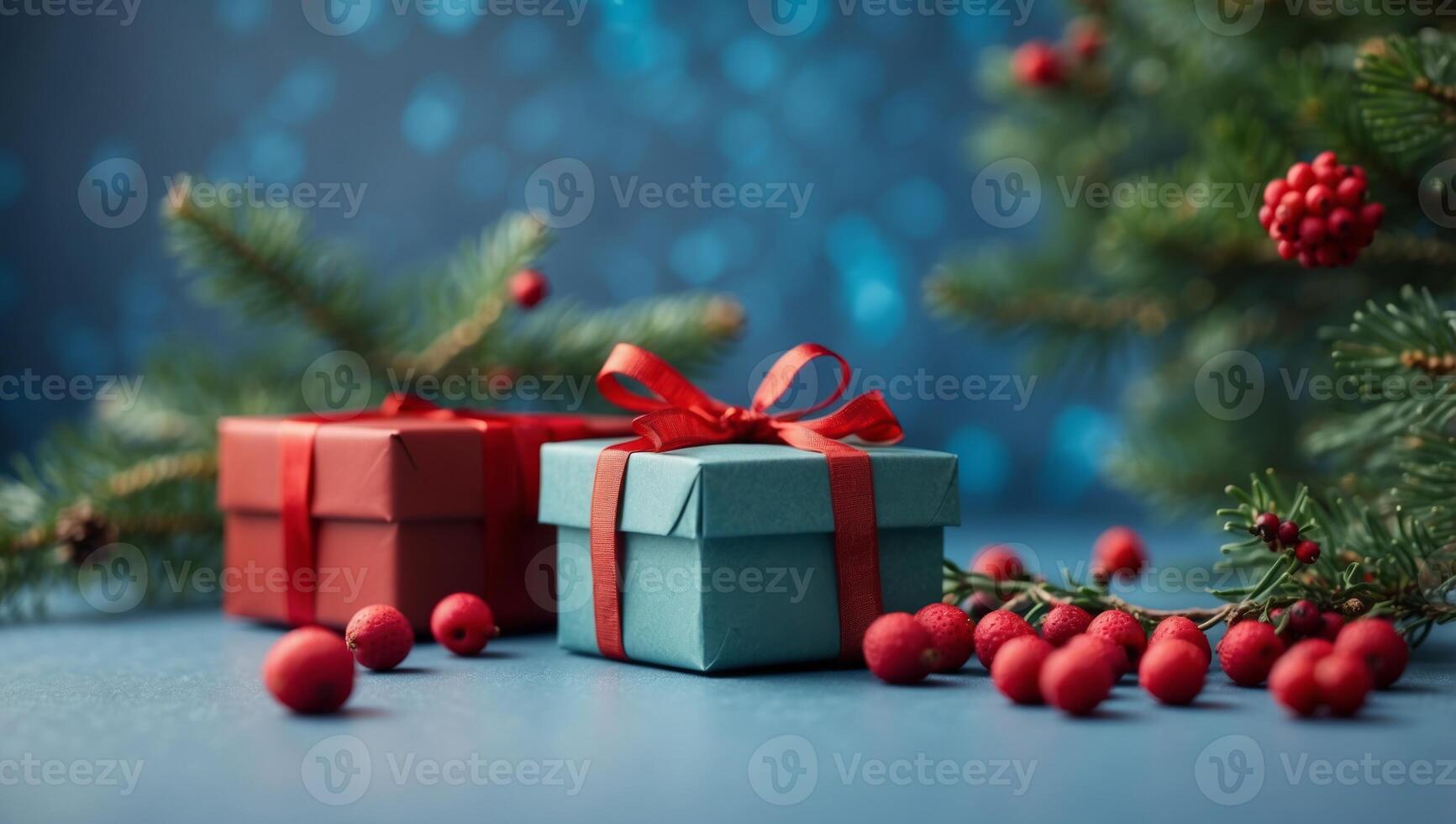 Christmas tree branch with red berries and gift box over blue xmas background Flat lay, top view, copy space Christmas banner mockup with copy space. photo