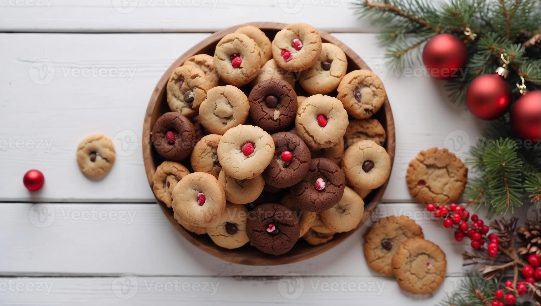 Christmas sweets and cookies Top view table scene over a white wood background Holiday baking concept. photo