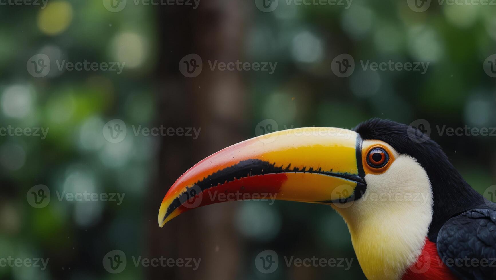 Close up of a high colored Toucan and its colorful beak in the aviary. photo