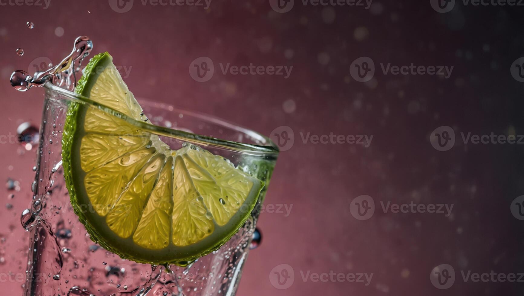 Close up of a piece of lime in the pink sparkling water, colorful fresh summer drink backgrounds. photo