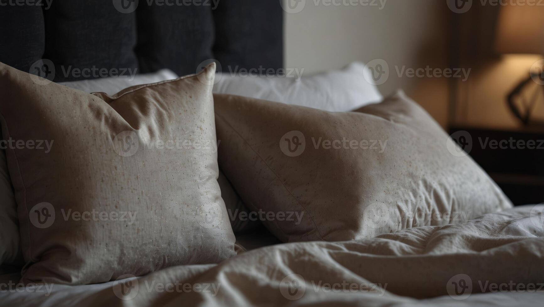 Close up of silky soft pillows and bed in background of cosy modern bedroom The mock up concept of sleek and minimalist. photo