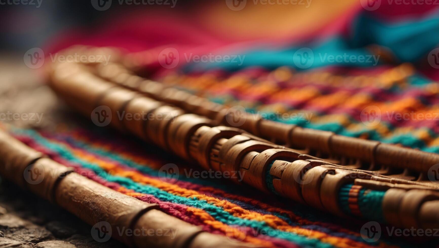 Close up view of Peruvian pan flute, on a coloured poncho Concept of traditional Andean music. photo