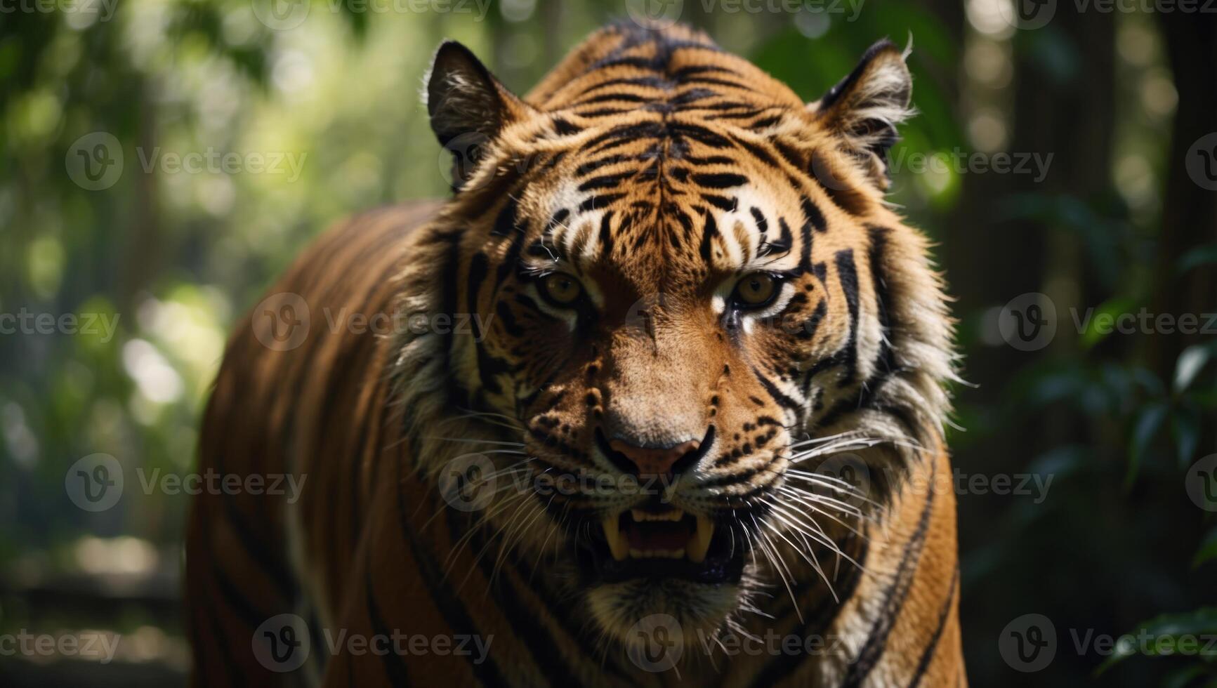 Close-up view of a tiger with an evil grin and jungle, explosive wildlife. photo