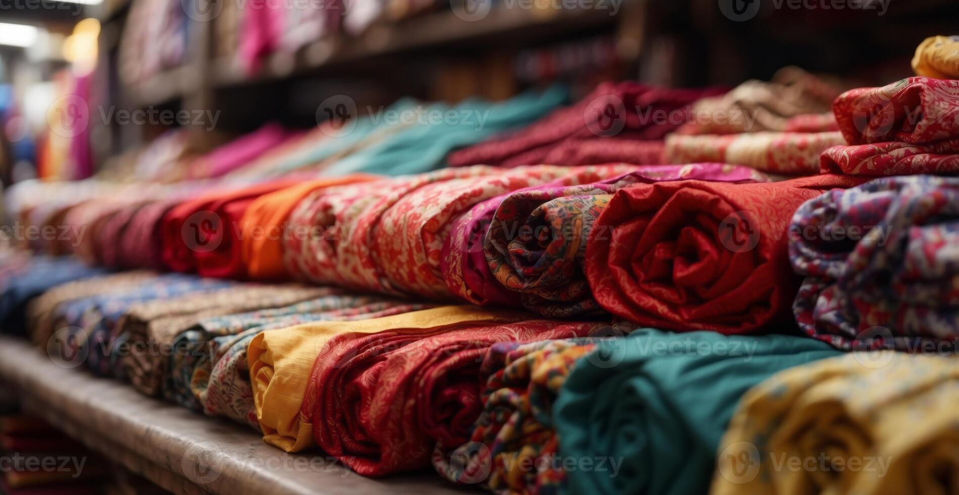 Colored textile or fabric at a street Asian Market, shelves with rolls of fabric and textiles. photo