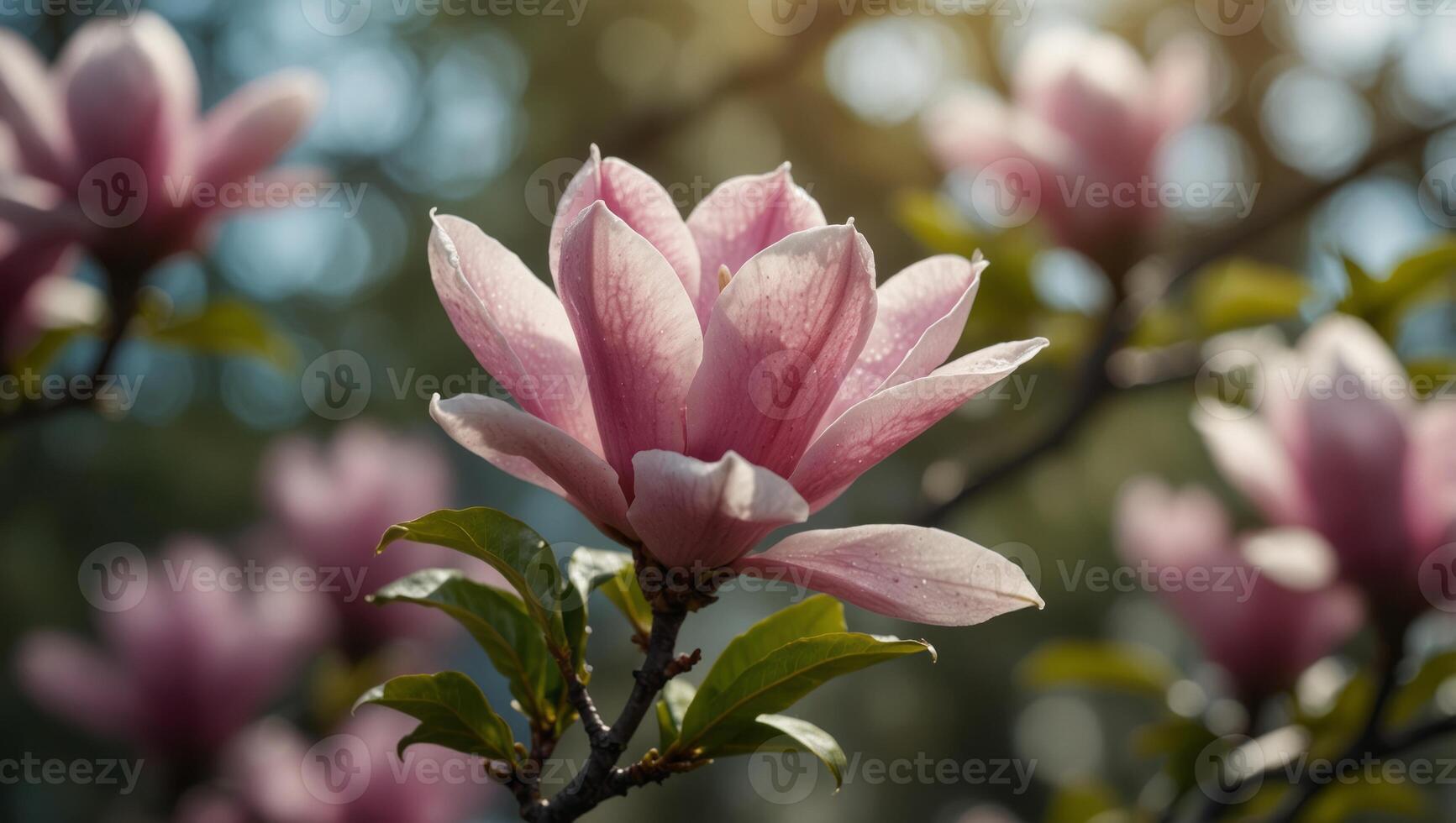 Closeup of blooming magnolia tree in spring on pastel bokeh background, copy space. photo