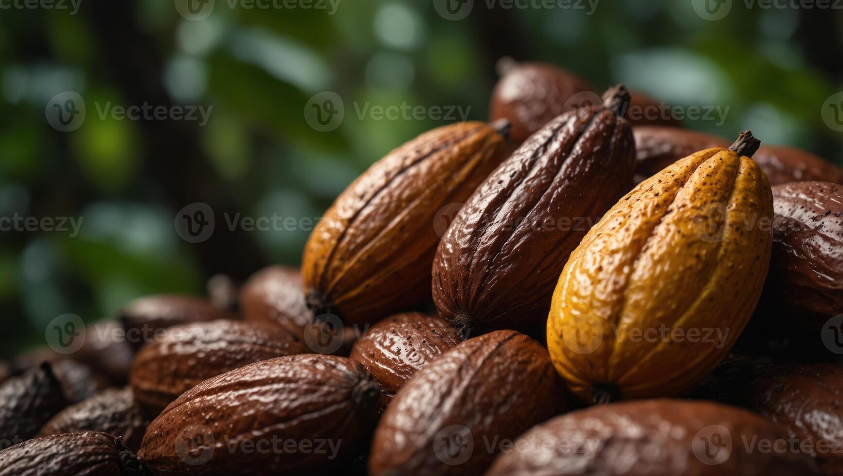 Colorful cocoa growers backgrounds, Cacao pods in Sao Tome and Principe, heap of pods of cocoa drying banner. photo