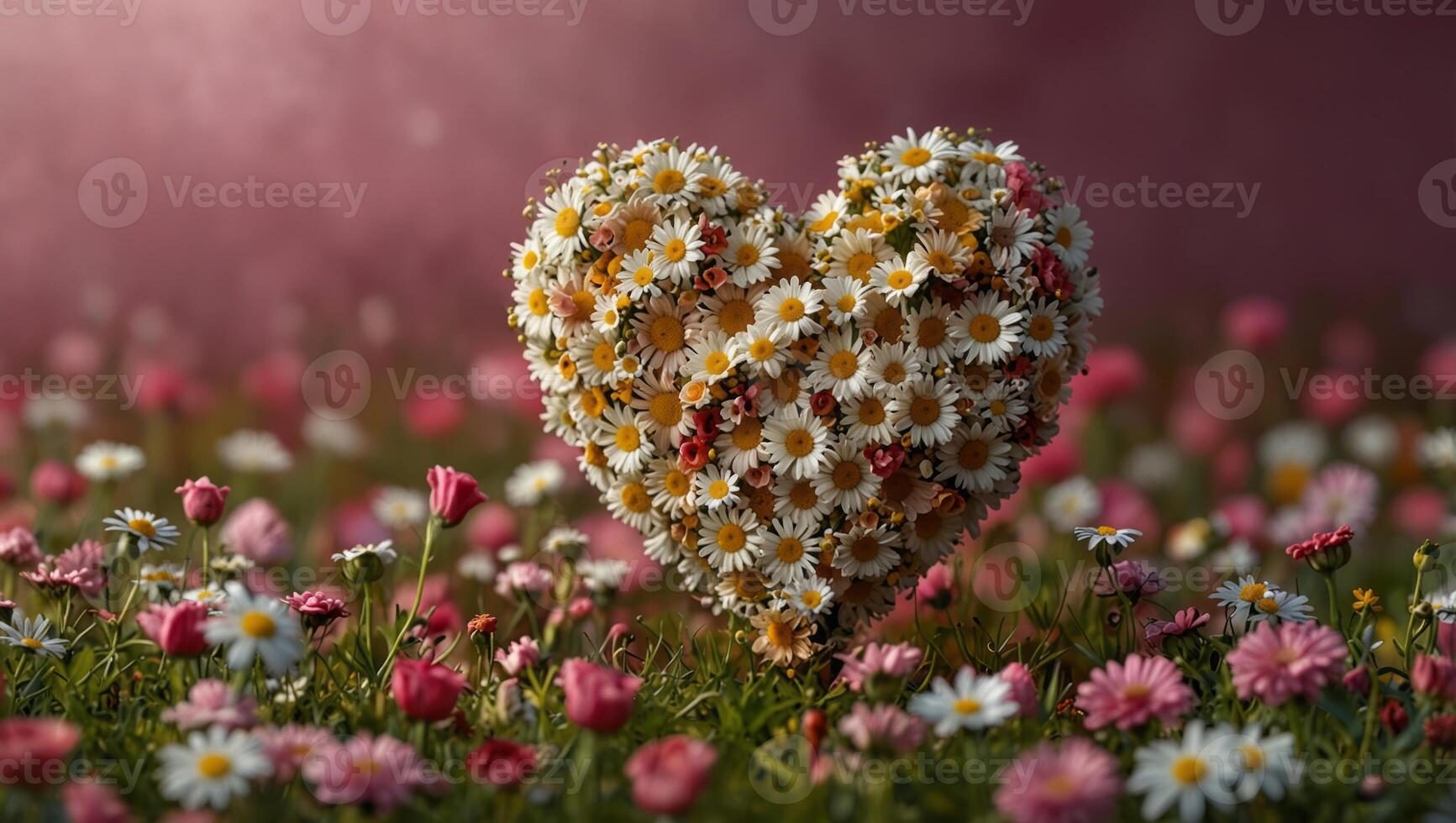 Colorful heart made of chamomile flower, rose flowers and wild field flowers on vivid pink spring background. photo