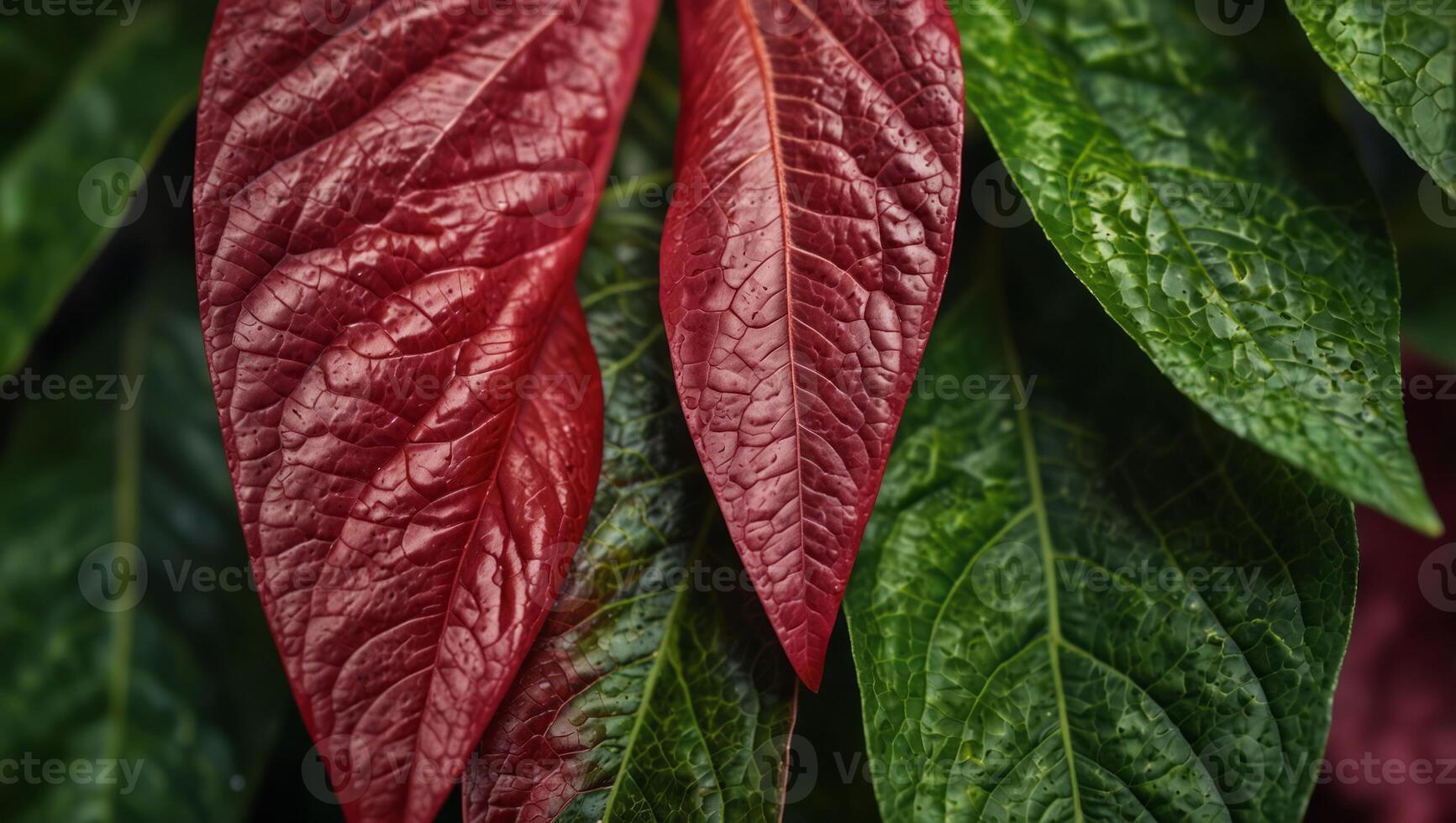 Colorful red pink green macro foliage leaf vein texture background, abstract natural texture colorful banner. photo