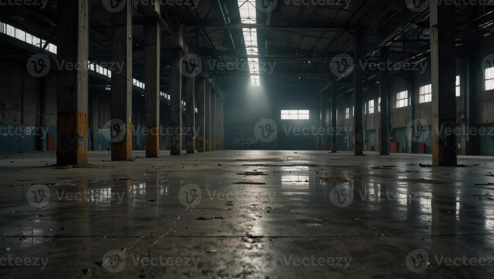 Concrete floor inside industrial building Use as large factory, warehouse, storehouse, hangar or plant, empty space for industry background, extra wide. photo