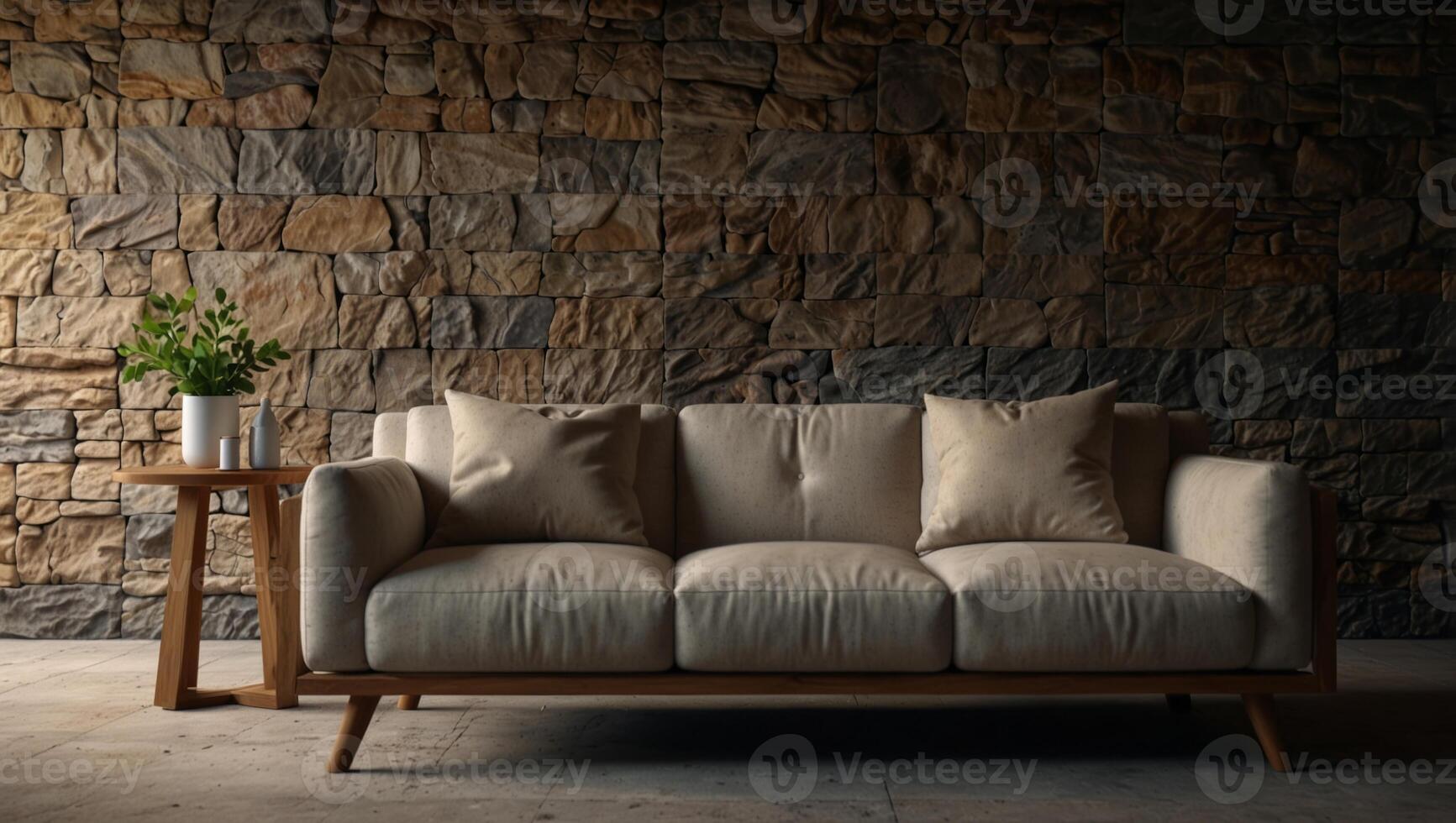 Cozy sofa on wild stone cladding wall background, rustic lounge area interior design. photo
