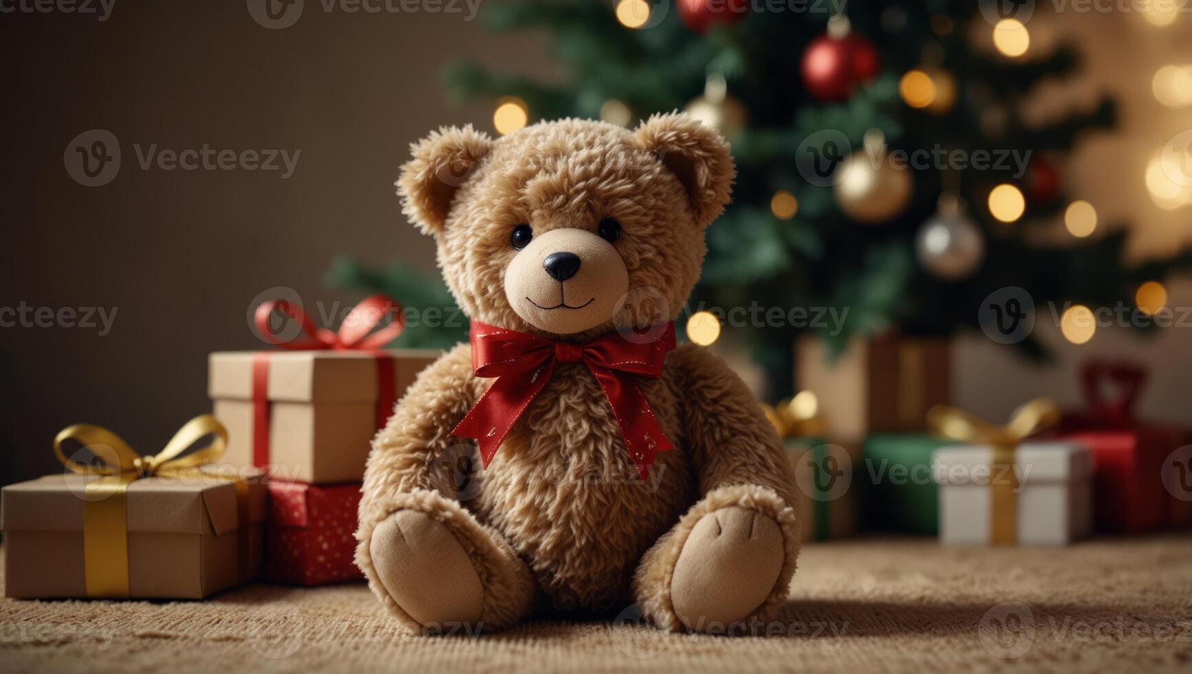 Cute Christmas teddy bear sitting on holidays gift boxes piles under Xmas Tree on shiny warm celebration home background, with copy space. photo