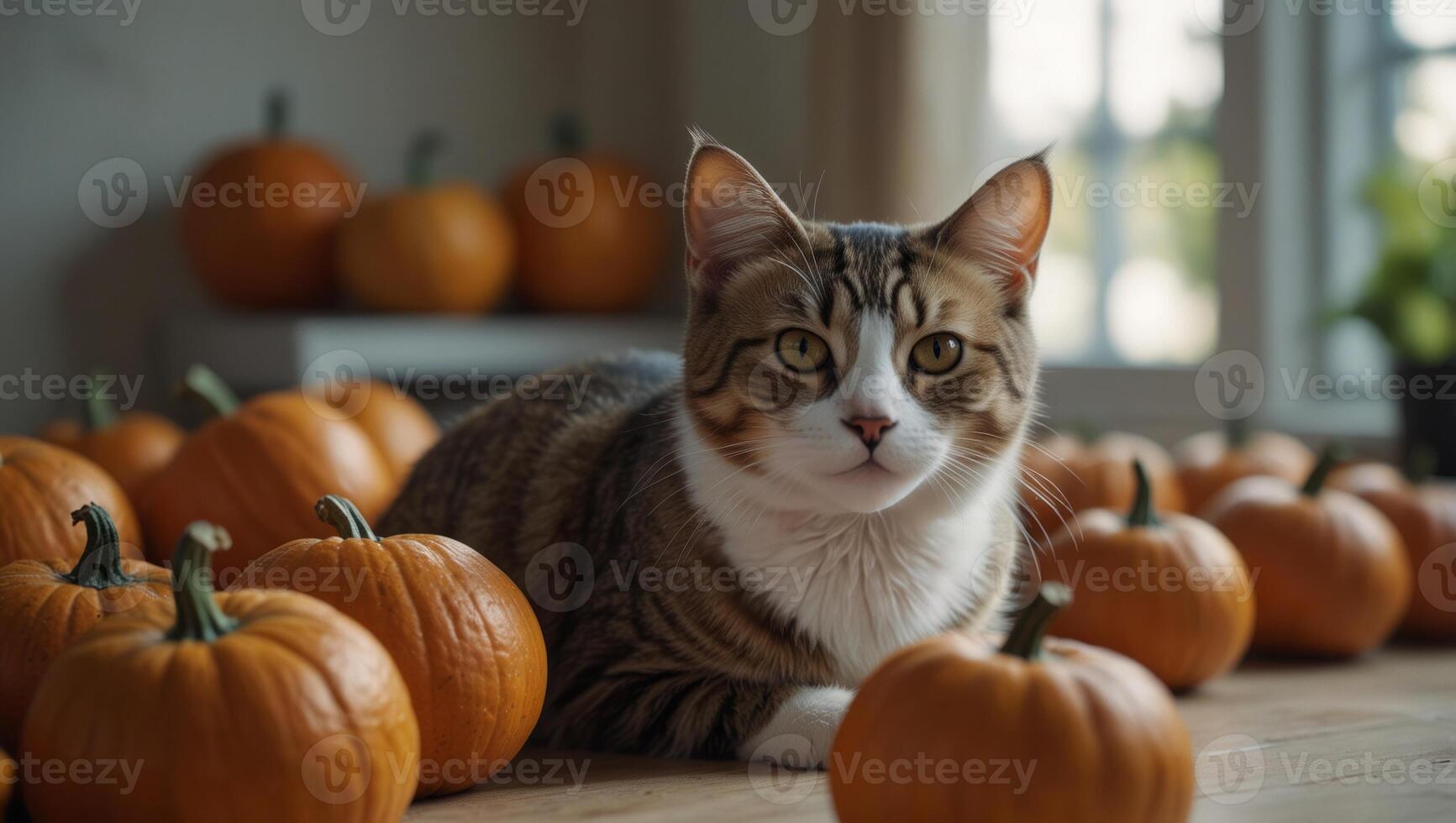 Cute cat staring at a pile of pumpkins on white table on blurred modern home background with copy space. photo